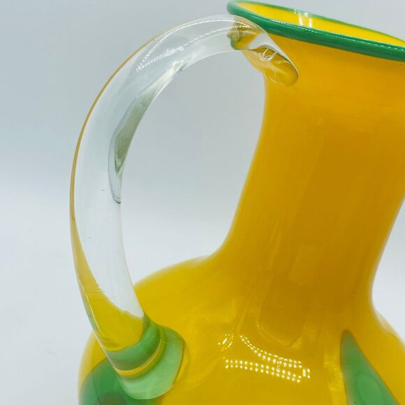 Large Vintage Hand Blown Glass Pitcher Bright Yellow & Green Mid-Century 1960s - Picture 7 of 12